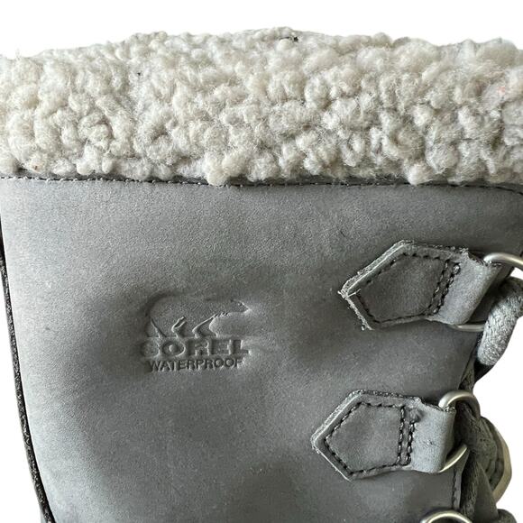 SOREL Caribou Slim Gray Waterproof Snow Boots Sz 9 Faux Fur Insulated Leather - Picture 2 of 7